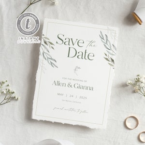 Greenery Modern Rustic Save the Date Template, Photo Save the Date Card, Templett Instant Download