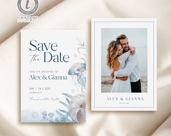 Ocean Coastal Themed Save the Date Template, Photo Save the Date Card, Templett Instant Download WI0028