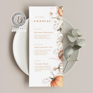 Herfst bloemen pompoen menusjabloon, feestbrunch, diner, herfstbruiloft, babyshower, bewerkbare afdrukbare, Instant Download tabelkaart B0009
