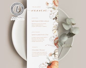Fall Floral Pumpkin Menu Template , Party Brunch, Dinner, Autumn Wedding, Baby Shower, Editable Printable, Instant Download Table card B0009