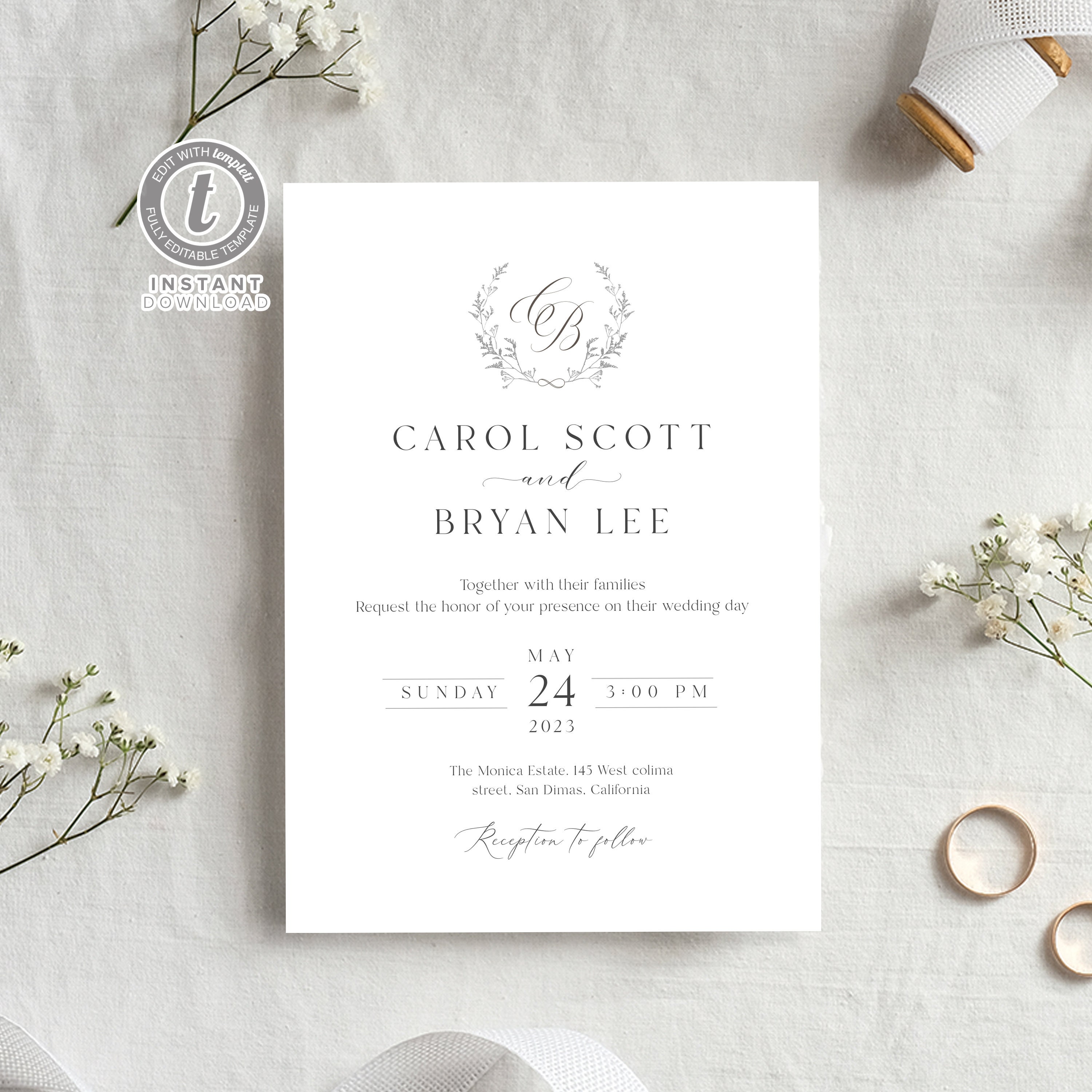 Monogram Wedding Invitation Template, Delicate Elegant Printable Invite