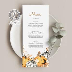 Fall Pumpkin Menu Template , Party Brunch, Dinner,Halloween Pumpkin Menu,Baby Shower, Editable Printable,Instant Download table card Fall001