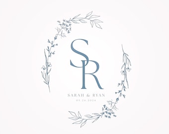 Floral Wreath Wedding Logo: Editable Monogram Design (Digital Download)