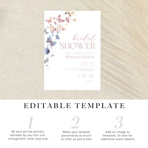 Op de afbeelding: Bewerkbare sjabloon voor een bruidsdoucheinvitatie met een aquarel vlinderontwerp. De tekst luidt "bridal shower", "Please join us to celebrate the bride-to-be", "Rebacca Johnson", "05.04.2023", "SUNDAY | 1 PM", "The Morata Estate, 147 West comma street, San Dinas, California", "Kindly reply".