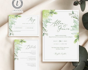 Succulents Wedding Invitation Set Template, Watercolor Greenery  Wedding Invitation, Garden Wedding, Templett Instant Download WI0020