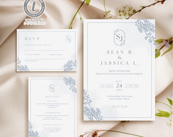Dusty Blue Floral Wedding Invitation Set: Rustic Botanical Template (Instant Download)