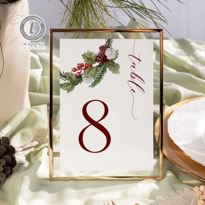 Christmas Table Numbers Template, Holiday Table Numbers, Winter Wedding Table Numbers, Editable Printable Table Number Signs Winter001