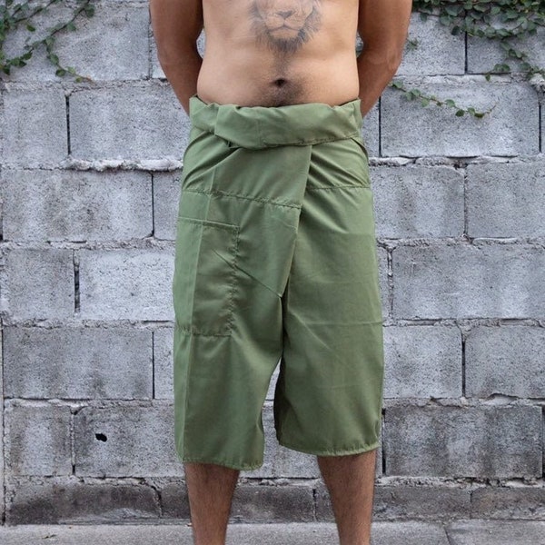 Pantalon de pêcheur thaïlandais vert vêtements hippie pour hommes pantalons de yoga amples unis arts martiaux vêtements de festival hippie de kung-fu