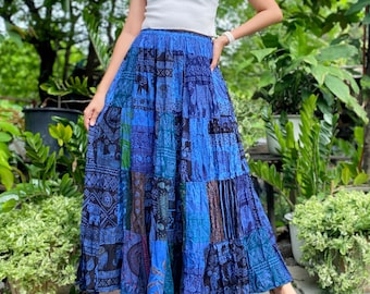 Bohemian Patchwork Skirt – Thai Boho Maxi Skirt – Festival Hippie Skirt – Rayon Elastic Waist – One Size Fits Most – Handmade Thailand