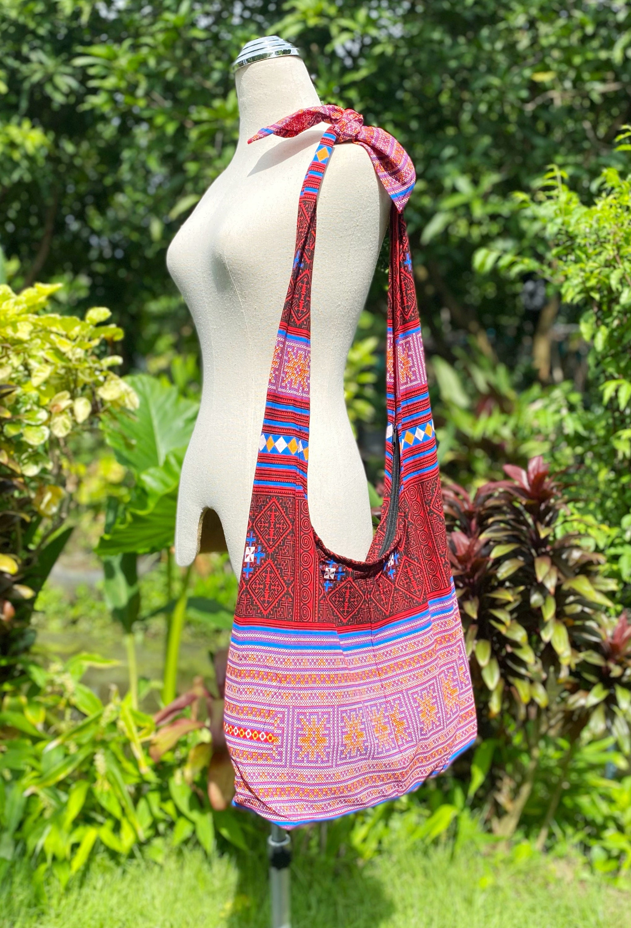 Crossbody cotton bag Boho Sling bag Hippie Ikat Aztec style woven Nepali  drug rug colorful fabric for men women festival gift bohemian gypsy