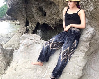 Pantalones de yoga bohemios, pantalones hippies, ropa bohemia, cintura con cordón floral gris