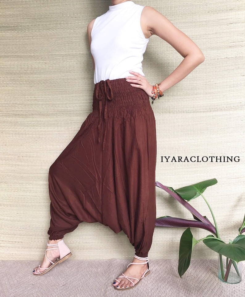 Harem Pants Thai Pants Brown Solid Harem Pants. Boho Strenchy Pants,Boho Clothing Beach Women Baggy Casual Rayon Pants