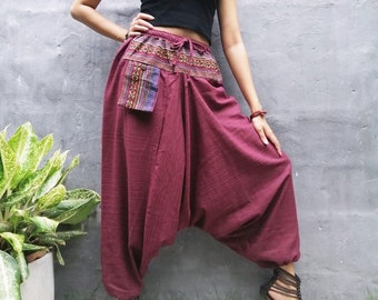 Pantaloni harem da donna, abbigliamento hippie, pantaloni larghi, abbigliamento boho, pantaloni da yoga, abbigliamento da festival, pantaloni comodi color bordeaux.