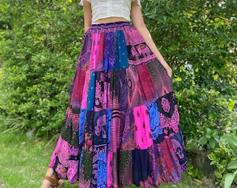 Bohemian Patchwork Skirt – Thai Boho Maxi Skirt – Festival Hippie Skirt – Rayon Elastic Waist – One Size Fits Most – Handmade Thailand