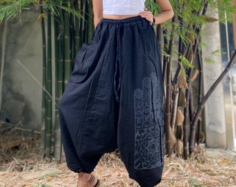 Boho Festival Harem Pants : Cotton Unisex Aladdin Pants  Elastic Waist Yoga Trousers.