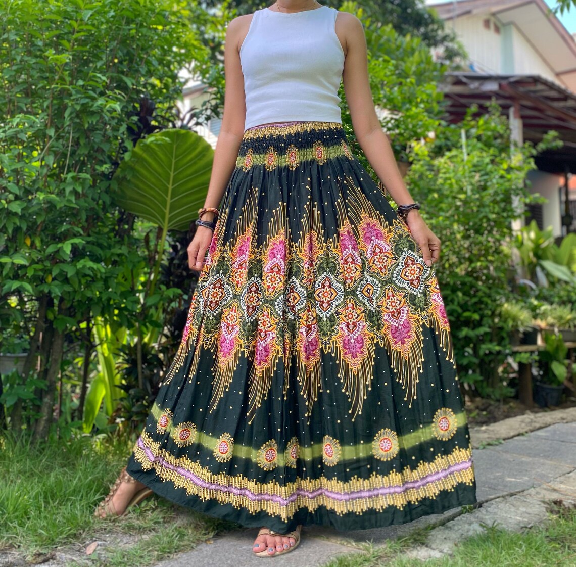 Maxi Skirt Boho Flared Skirt Womens Long Skirt With Bow Tie Etsy