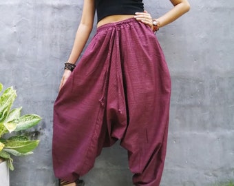 Cotton Harem Pants : Unisex Boho Festival Trousers Wide Leg Aladdin Yoga Pants Burgundy.