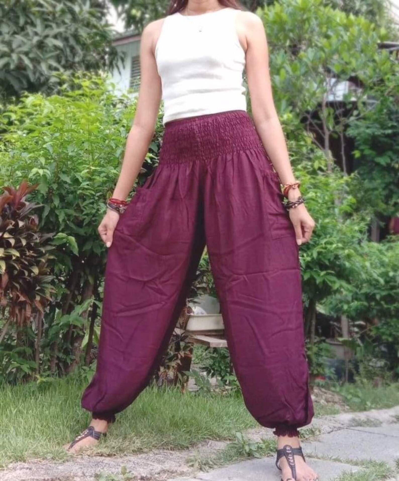 Women's High Waisted Harem Pants Solid Color Mulberry Etsy