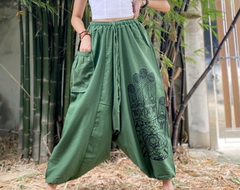 Pantaloni harem da donna, abbigliamento hippie, abbigliamento boho, pantaloni da festival, pantaloni boho, pantaloni verdi, pantaloni harem da uomo.
