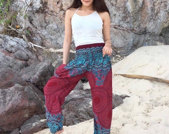 Pantalones Harem Tribales Pantalones Hippies Pantalones Boho con Flores Pantalones Holgados de Festival para Damas Rojos