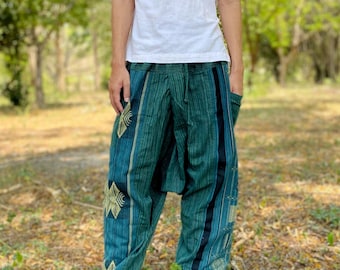 Boho Cotton Harem Pants Unisex - Thai Artisan Relaxed Pants - Comfortable Yoga, Travel Everyday Clothing
