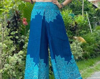 Festival Boho Palazzo pants Front high Slit Bohemian Hippie clothing Gypsy Vegan style Beach summer fashion Flower Palazzo Pants Open Leg.