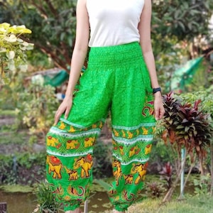 Women Harem Pants / Yoga pants / Hippie Pants /Boho Pants Elephant Green Print