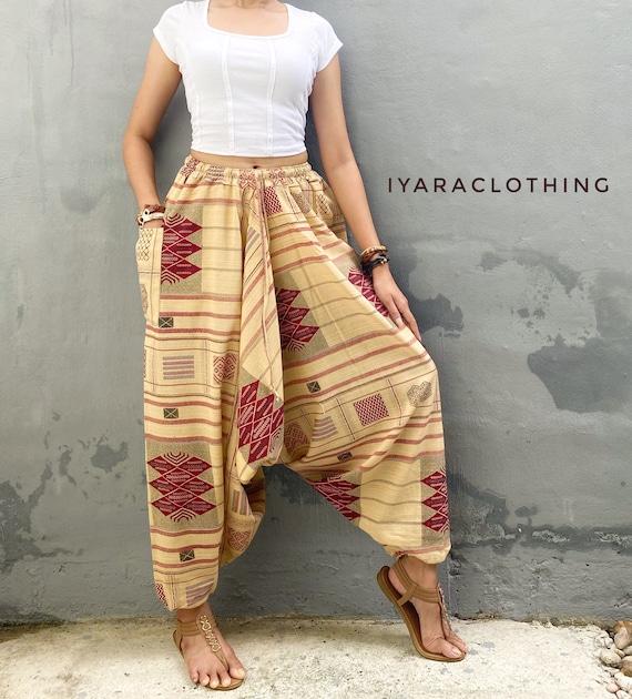 Boho Harem Pants Unisex Wide-Leg Cotton Festival Yoga Pants, Hippie  Drawstring Trousers