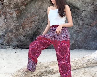 Pantalones Harem Tribales Pantalones Hippies Pantalones Boho con Flores Pantalones Holgados de Festival para Damas Rojos