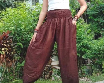 Women's High Waisted Harem Pants Solid Color Brown - Bohemian Pants Yoga Pants Gypsy Hippie Pants Aladdin Boho Thai Pants Festival Pants