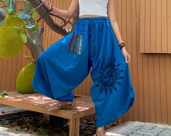 Donna Cotone Harem Pantaloni Con Tasconi Hippy Ethnic Stampata Vita