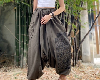Cotton Harem Pants : Unisex Boho Festival Trousers Wide Leg Aladdin Yoga Pants Oliver Green