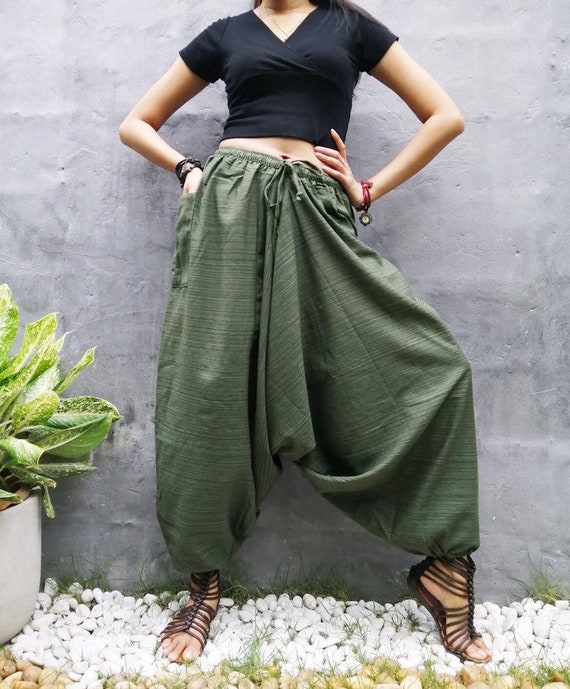 Green Boho Style High Waist Baggy Pants