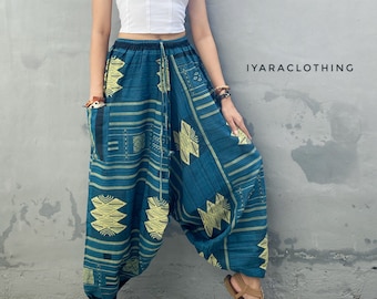 Sarouel bohème - Pantalon de yoga festival en coton à jambe large unisexe, pantalon hippie à cordon bleu océan.