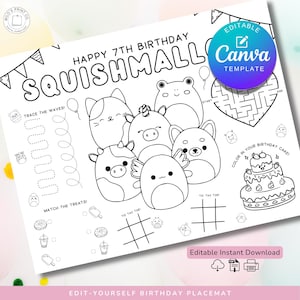 Pagina da colorare di compleanno di Squishmallow - Attività di tovaglietta per feste squishy modificabile e stampabile