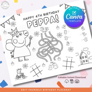 Pagina da colorare di compleanno di Peppa Pig – Attività di tovaglietta per feste modificabile e stampabile per bambini