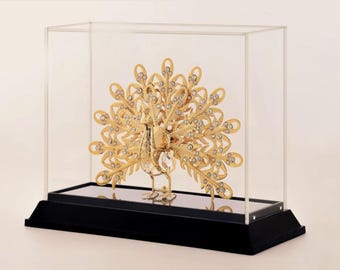 Enamel Peacock Figurine with 24K Gold Crystals: Luxury Home Decor Showpiece