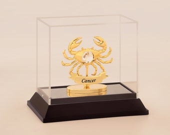 Cancer Zodiac Sign Decor: 24K Gold-Plated Crystal Figurine in Acrylic Case