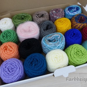 Könnte beinhalten: Ein offener Karton gefüllt mit bunten Garnknäueln. Das Garn ist in Weiß-, Grün-, Orange-, Schwarz-, Blau-, Gelb-, Rosa- und Lilatönen gehalten. Die Box zeigt eine Auswahl an Garnkugeln.
