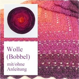 Könnte beinhalten: Ein Farbverlaufsgarn in Orange, Magenta und Dunkelviolett, kombiniert mit einem gehäkelten Stoff in denselben Farben. Der Text auf dem Bild lautet: Wolle (Bobbel) mit/ohne Anleitung.