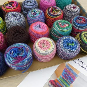 Könnte beinhalten: Ein Karton voller bunter Wollknäuel. Die Wolle ist in verschiedenen Blau-, Rosa-, Grün- und Brauntönen gehalten. Das Bild enthält auch ein bedrucktes Papier mit Text und einem Strickmuster für Socken.