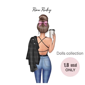 Clipart café, fille avec vue arrière du café, illustration numérique, png, clipart café à emporter, clipart fashion girl, cappuccino, latte png
