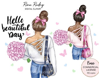 Fashion clipart,messy bun clipart,spring clipart, summer,florals,peonies,flowers, girly, pink sweater clipart, planner stickers