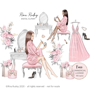 Make-up clipart, schoonheid clipart, kaptafel clipart, kleedkamer, boudoir, feestjurk, planner stickers, ochtendroutine, roze gewaad, cosmetica