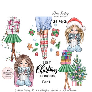 Clipart de Navidad, clipart de Navidad, clipart de año nuevo, chica con regalos png, chica en calcetines con clipart de café, Santa Claus png, pan de jengibre