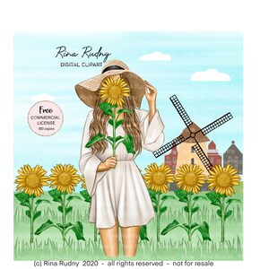 Imágenes prediseñadas de verano, imágenes prediseñadas de girasoles, chica con imágenes prediseñadas de girasol, imágenes prediseñadas de campo, imágenes prediseñadas de agosto, imágenes prediseñadas de Países Bajos, molino de viento, imágenes prediseñadas de pueblo