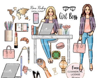 Girl boss clipart, fashion clipart, secretary clipart, office clipart, planner girl clipart, watercolor clipart, planner stickers,