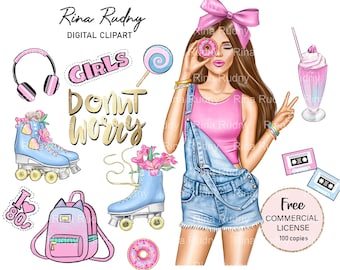 Donut clipart, summer clipart, 80’s fashion, clipart,roller skate girl clipart,pink roller skates clipart,Party clipart,birthday,I love 80’s