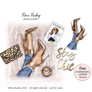 Clipart scarpe d'oro, clipart moda, clipart scarpe tacco alto, clipart borsa, clipart gambe, clipart jeans, clipart chic, glamour, stampa leopardo