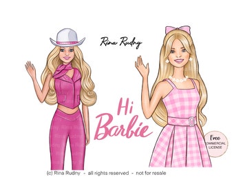 Pink doll clipart, doll png, barb clipart, barb png, doll sublimation design, cowboy doll clipart, pink cowboy girl png, blond doll clipart